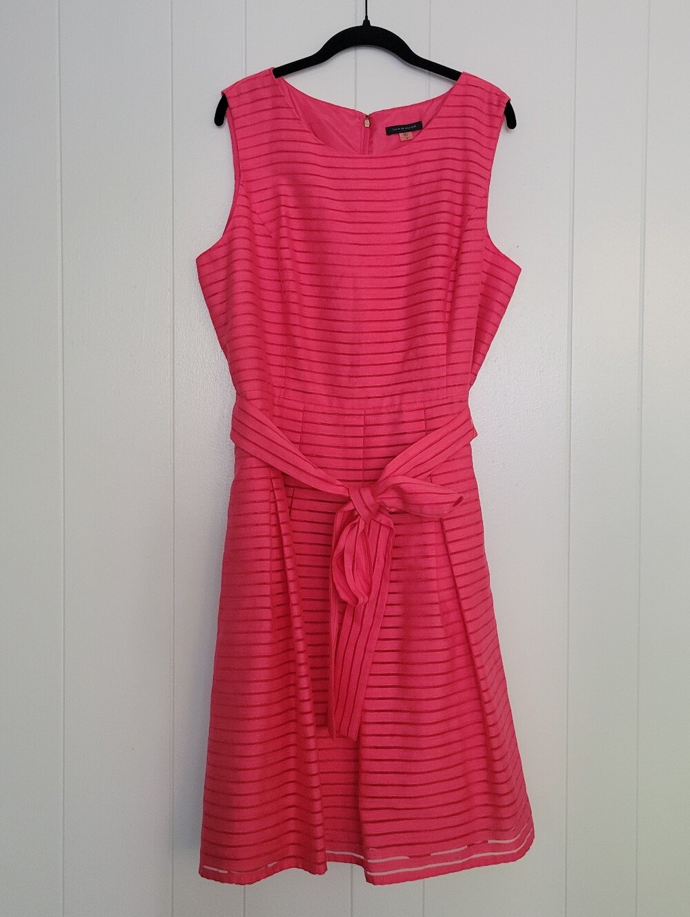 Tommy Hilfiger Fuchsia Pink A Line Dress Belted Sleeveless Striped Pleated 18
